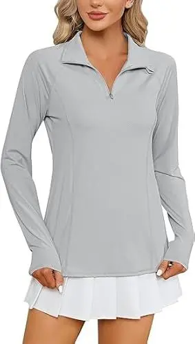 Produktbild: IECCP Poloshirt Damen Langarm Golf Polohemd UV Schutz Shirt Schnelltrocknend Leicht Sport Poloshirt Golf Tennis Polohemd Activewear Atmungsaktiv Outdoor T-Shirt Grau M