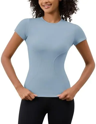 Produktbild: IECCP Sport Oberteil Damen Gym Tops Kurzarm Sportshirt Rundhals Funktionsshirt Atmungsaktiv T-Shirt Sport Top Damen Passend für Fitness Laufen Yoga Blau XS