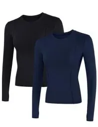 Produktbild: IECCP Sport Oberteile Damen Funktionsshirt Sportbekleidung Laufshirt Langarm Fitness Top Yoga Sportshirt mit Daumenlöcher 2er Pack Schwarz und Dark Blau S
