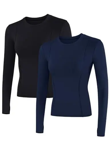 Produktbild: IECCP Sport Oberteile Damen Funktionsshirt Sportbekleidung Laufshirt Langarm Fitness Top Yoga Sportshirt mit Daumenlöcher 2er Pack Schwarz und Dark Blau S