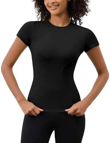 Produktbild: IECCP Sport T-Shirt Damen Sport Oberteil Funktionsshirt Kurzarm Laufshirt Workout Tops Atmungsaktiv Athletisch Sportshirt für Wandern Gym Yoga Laufen Schwarz M