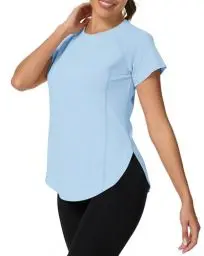 Produktbild: IECCP Sportshirt Damen Kurzarm Sport Oberteile Atmungsaktiv Back Mesh Laufshirt UV Shirt Funktionsshirt Fitness Gym Yoga Top Blau M