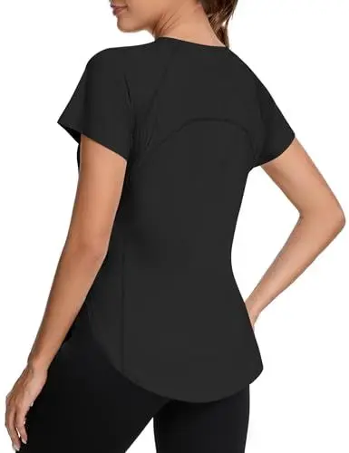 Produktbild: IECCP Sport Oberteil Damen Sportshirt Locker Fitness UV Shirt Kurzarm Laufshirt Back Mesh Funktionsshirt Sport Gym Top für Fitness Sports Laufen Yoga Schwarz M