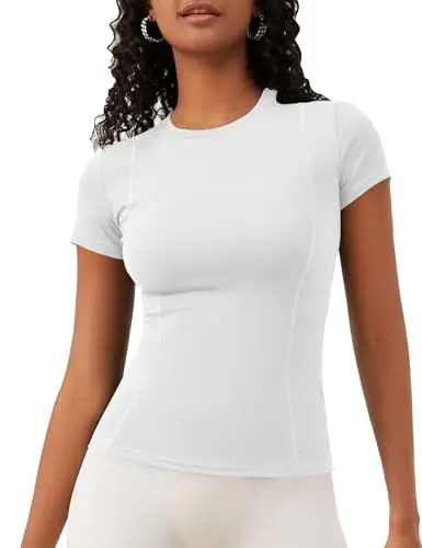 Produktbild: IECCP Damen Sport Fitness T-Shirt Laufshirt Shortsleeve Yoga Trainingsshirt Sommer Kurzarm Laufshirt Tops Rundhals T Shirt Frauen Basic Sport Funktionsshirt weiß L