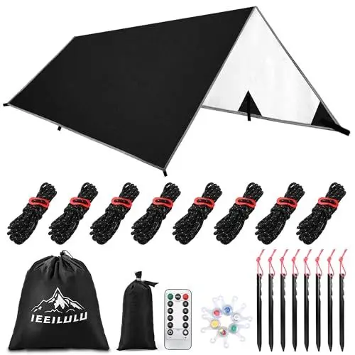 Produktbild: IEEILULU Camping Tarp, 3x4 Zeltplane Tragbar Sonnensegel mit Ösen, 8 Erdnägel und 8 Seilen, Camping Zelt Ultraleicht für Hängematte Outdoor Aktivitäten Wandern Picknick Reisen (Schwarz)