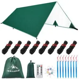 Produktbild: IEEILULU Tarp Wasserdicht 3x3, Ultraleicht Camping Zeltplane mit Ösen, 6 Erdnägel und 6 Seilen, Multifunktional Sonnensegel Camping Zelt für Hängematte Outdoor Wandern Picknick Reisen(Grün)