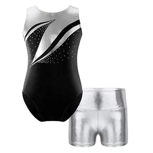 Produktbild: iEFiEL 2 Stück Mädchen Metallic Turnanzug Ärmellose Gymnastikanzug mit Shorts Ballett Trikot Ballettkleidung Wettkampf Tanzkostüm W Schwarz 122-128