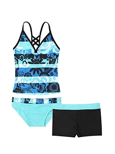 Produktbild: iEFiEL 3tlg. Mädchen Tankini Set Spaghetti-Träger Tops + Schlüpfer + Badeshorts Bikini Sets Blumen Druck Badeanzug Bade Bekleidung Strandmode Blau 158-164