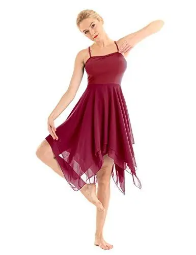 Produktbild: iEFiEL Damen Ballettkleid Ballett Trikot Lyrical Tanzkleid Träger Ballettanzug mit Chiffon Rock Lange Ballerina Kostüm in Weiß, Schwarz, Rot und Blau Weinrot M