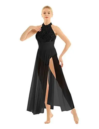 Produktbild: iEFiEL Damen Kleider Pailletten Tanzkleid Latein Salsa Tango Neckholder Ballettkleid Rückenfrei Cocktailkleid Split Partykleid Schwarz Medium