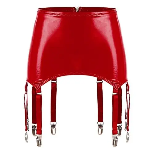 Produktbild: iEFiEL Damen Leder Optik Strumpfgürtel Strapsgürtel Strumpfband Punk Wetlook Gürtel Strapsen Lackleder Minirock Dessous Rot L