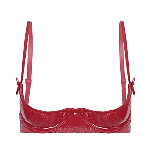 Produktbild: iEFiEL Damen Wetlook BH Lackleder Patchwork Büstenhalter büstenhebe Harness Bralette Einstellbar Strappy Cage Bra Cupless Lingerie Reizwäsche Rot Leder XL