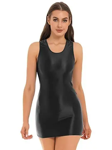Produktbild: iEFiEL Damen Wetlook Minikleid Ärmellose Kleid Kurz Figurbetontes Kleider Stretch Partykleid Eng Gogo Rave Clubwear Schwarz XL
