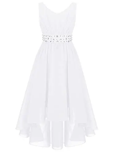 Produktbild: iEFiEL Elegante Mädchen Kleid Festlich V-Ausschnitt Blumenmädchenkleider Hi-Lo Hochzeit Chiffon Sommerkleid Partykleider Ballkleider Festzug A Weiß 128