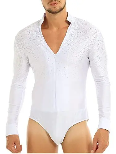 Produktbild: iEFiEL Glitzer Herren Latein Hemd V-Ausschnitt Tango Rumba Hemd Body Einteiler mit Knöpfen im Schritt Turnier Shirt Trikot Tanz Kostüm Weiß XXL