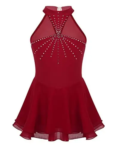 Produktbild: iEFiEL Mädchen Eiskunstlauf Kleid Glitzer Ballettkleid Ärmellos Ballettanzug Ballett Trikot mit Strass Wettbewerb Kostüm Tanzkleidung Burgundy Neckholder 158-164