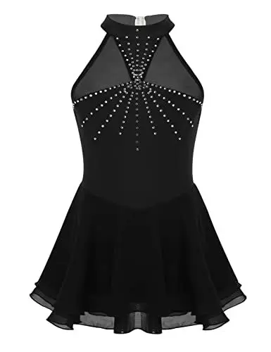 Produktbild: iEFiEL Mädchen Eiskunstlauf Kleid Glitzer Ballettkleid Ärmellos Ballettanzug Ballett Trikot mit Strass Wettbewerb Kostüm Tanzkleidung Schwarz Neckholder 122-128