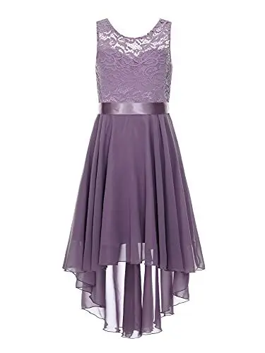 Produktbild: iEFiEL Mädchen Festlich Kleid Hochzeits Vokuhila Kleid Spitzen Blumenmädchenkleider Brautjungfern Kleider für Kinder Chiffon Prinzessin Kleid Hell Lila 164
