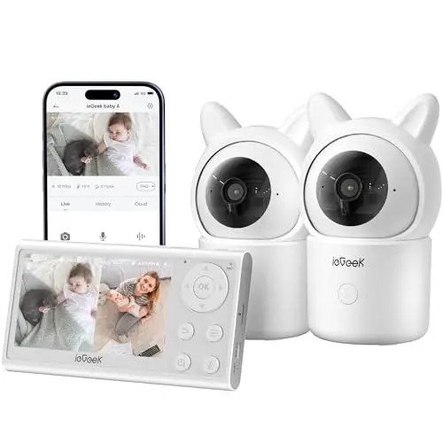 Produktbild: ieGeek Babyfon mit 2 Kameras und App, Intelligente Nachtsicht， WLAN Video Babyfon PTZ 360°, Automatische Verfolgung, Bewegungs/Geräuscherkennung, Temperaturanzeige, App Steuerung
