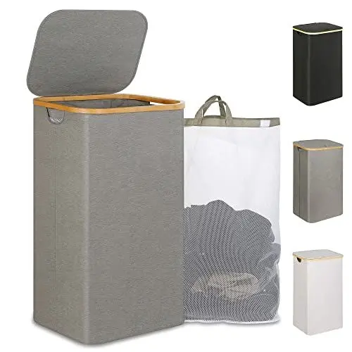Produktbild: iEGrow Wäschekorb mit Deckel 110L, XL-Extra großer Wäschesammler mit Herausnehmbarer und Waschbarer Innentasche, Wäschekörbe für Waschküche, Schlafzimmer, Badezimmer (Grau)