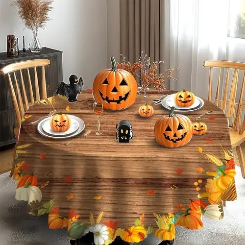 Produktbild: iEvery Tischdecke Herbst Rund 150, Erntedankfest Herbsternte Orange Kürbis Tischdecke, Gartentischdecke Abwaschbar Outdoor Wetterfest Table Cloth für Party Halloween Urlaub Dekoration