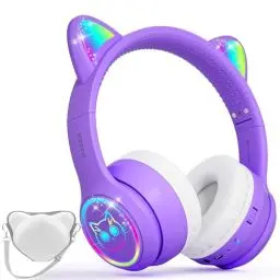 Produktbild: iFecco Bluetooth Kopfhörer Kinder mit Mikrofon,Kinder Kabellos Kopfhörer mit Tasche,LED-Leuchten Katzenohr Kopfhörer für Schule