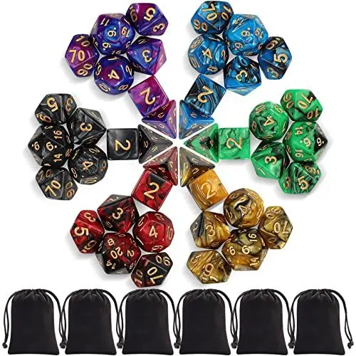 Produktbild: iFergoo Polyedrische Würfel Set, 6 x 7 (42 Stück) FarbSpielwürfel mit 6 Schwarze Kordelzugbeutel für Dungeons and Dragons DND RPG MTG Tischspiele，6 Set von D4 D6 D8 D10 D% D12 D20