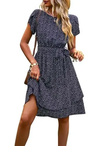 Produktbild: IFFEI Sommerkleid Elegante Kleider Damen Damen Leicht Boho Blumenkleider Kurz Rüschen Strandkleid mit Gürtel Blau XL