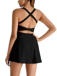 Produktbild: IFFEI Tenniskleid Damen mit Eingebautem BH und Shorts Tasche Offene Rückseite Gedrehte Sportliche Workout Golf Kleider Schwarz S