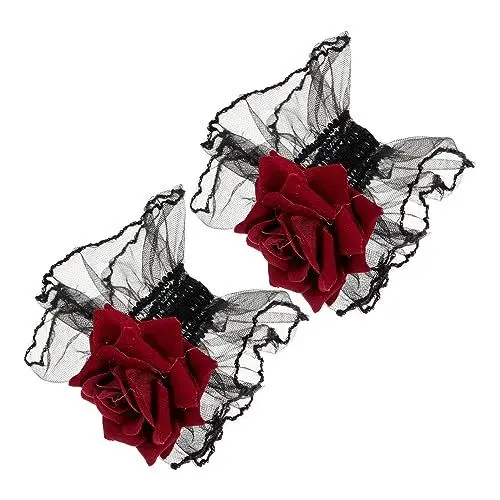 Produktbild: ifundom 1paar Gothic Lolita Handgelenk Manschetten Mit Rosen-dekoration Elastische Spitzenmanschetten Für Hochzeiten Teepartys Feste Und Besondere Anlässe Romantisches Accessoire Für