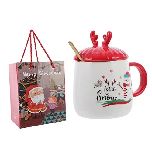 Produktbild: ifundom 1 Set Keramik Weihnachtstasse Set Löffel Deckel Festliche Weihnachtswassertasse für Home Office Shop Restaurant Geburtstag