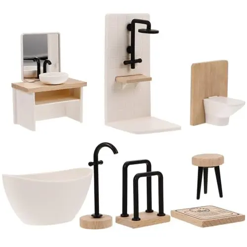 Produktbild: ifundom Puppenhaus-Badezimmer-Set 8-Teiliges Miniatur-Puppenhaus-Badezimmermöbel Puppenhaus-Wc-Badewanne Im Maßstab 1:12 Hölzerner Badezimmerschrank Mit Waschbecken Puppenzubehör
