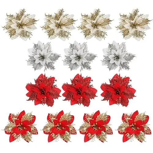 Produktbild: Weihnachtsdekorationen 24 Stücke Weihnachtsstern Blumen Weihnachtsbaum Künstliche Ornamente