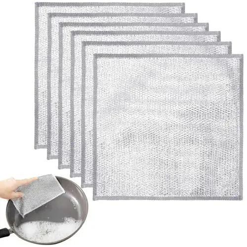 Produktbild: IGXX 6 Stück Mehrzweck-Spüllappen aus Draht, Mehrzweck-Spüllappen aus Draht, Kratzfest, fusselfreies Staubtuch, Wiederverwendbare Reinigungstücher zum Schrubben und Reinigen von Geschirr (Silber)