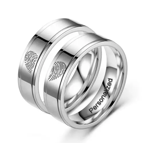 Produktbild: Personalisierte Passende Versprechen Paar Ringe Herz Fingerabdruck Gravur Matte Titan Stahl Trauringe Breite 8mm Liebe Verlobungsbänder für Frauen Männer (Silver-8mm/6mm)