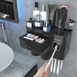 Produktbild: iHave Zahnbürstenhalter Schwarz Badezimmer Deko, Zahnbürsten Halter Wand mit Zahnpastaspender, 2 Becher Zahnbürsten Organizer mit Schublade, großer Kapazität Zahnbürsten Organizer