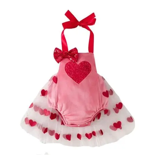Produktbild: IHGWE Baby Girl Summer Sweet Heart Sequins Embroidery Hanging Neck Camisole Velvet Bodysuit Kurze Bodys Baby Mädchen (Pink, 6-12 Months)