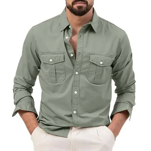 Produktbild: IHGWE Herrenmode Frühling und lässig langärmeliges einfarbiges Hemd Hemd Doppeltaschen Herrenhemd Hemd Krawatte Set Herren (Green, XXL)