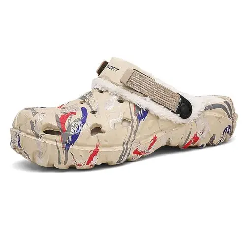 Produktbild: ihinzry Garten Clogs für Herren mit Fleece-Futter - rutschfeste Winter Hausschuhe, wasserdichte Arbeitspantoffeln mit verstellbarem Riemen, bequem Werkstatt Schuhe, maschinenwaschbar Khaki-47
