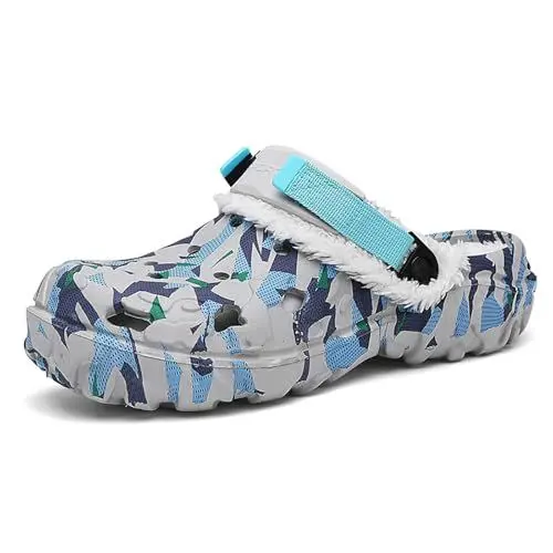 Produktbild: ihinzry Hausschuhe für Herren mit Fußgewölbestütze - Fleece gefütterte Clogs, rutschfeste Clogs mit herausnehmbarem Innenfutter, Verstellbarer Fersenriemen für Garten, Grau & Blau-42
