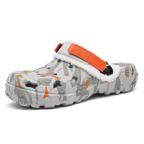 Produktbild: ihinzry Hausschuhe für Herren mit Fußgewölbestütze - Fleece gefütterte Clogs, rutschfeste Clogs mit herausnehmbarem Innenfutter, Verstellbarer Fersenriemen für Garten, Grau & Orange-47