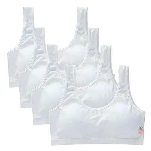 Produktbild: ihreesy 4er Packung Mädchen Bustier Baumwolle, Kinder Bustier Unterwäsche Sportunterwäsche Sport Top Bustier mit Fest Gepolsterte und Breiten Trägern,Weiß