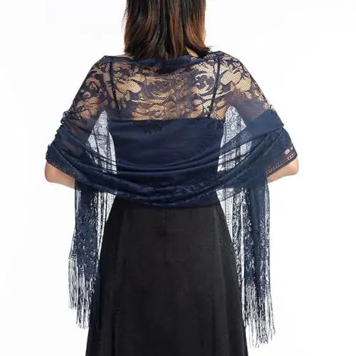 Produktbild: ihreesy Damen Spitzen Stola Schal Hochzeit Schal, Hochzeits-Spitzenschal Umschlagtuch Umhang Schal Spitzenschal mit Fransen Schal Brautschal Partys Zeremonien Stolen für Damen Abendkleid,Navy blau