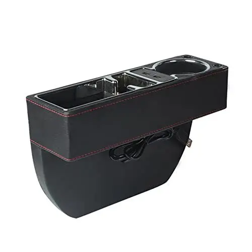 Produktbild: ihreesy PU-Leder Autositz Lückenfüller, Universelle Autositz Organizer Multifunktional Auto Getränkehalter Aufbewahrungsbox Konsole Seitentasche Organizer für Handy Sonnenbrillen,Schwarz USB-Stil