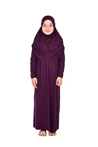 Produktbild: ihvan online Einteiliges muslimisches Kleid für Mädchen Langarm islamisches Gebetskleid mit Kopfschal für muslimische Mädchen Jilbab Hijab Muslim Girls Mode Abayas Größe: 8-12 Jahre alte Farbe: lila