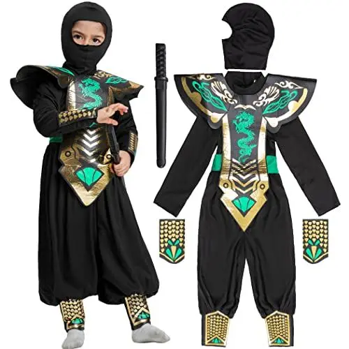 Produktbild: IKALI Kinder Ninja Kostüm, Dragon Ninja Kostüm Grüner Kung Fu Outfit mit Deluxe-Zubehör, Schaumstoff Zubehör, Hut, Handgelenk, Samurai-Schwert 5 Stück für Karneval Halloween Rollenspiel 4-6 Jahre