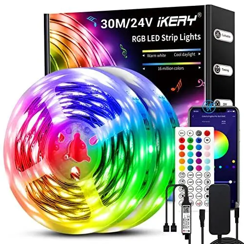 Produktbild: IKERY LED Strip 30M Bluetooth, RGB 5050 SMD LED Stripes 24V,LED Streifen Dimmbar Musik Sync mit 44 Tasten Fernsteuerung und APP Steuerbar, LED Band Selbstklebend für Zimmer, Party,Festival(15m×2)