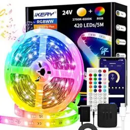 Produktbild: IKERY Weiß & Col. Amb. Lightstrip USB Plus 5m Basis RGBCCT 16 Mio. Farben 5050 LED Stripe Farbwechsel | steuerbar via App | Selbstklebend | Dimmbar Musik Sync | mit Fernbedienung für Party Zuhause