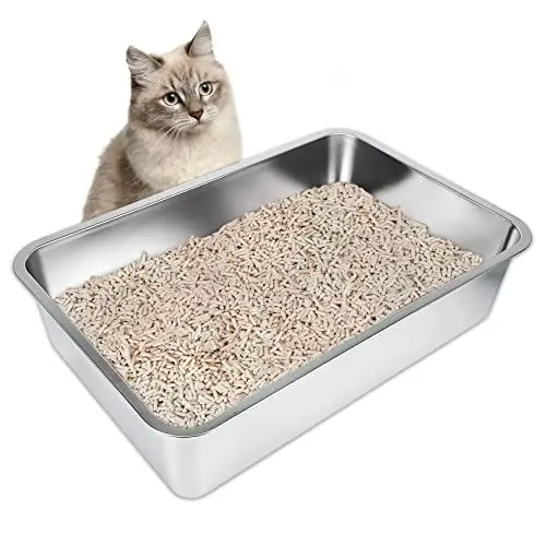 Produktbild: IKITCHEN Große Katzentoilette Edelstahl(60×40×15cm), Litter Box Katzenklo, Katzen und Kaninchen Metall klo, Niemals Gerüche, Fleckfrei, Rostfrei, Antihaft Glatte Oberfläche, Anti-Rutsch Gummiboden