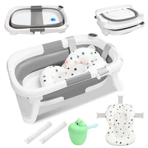 Produktbild: Ikodm Baby Badewanne Faltbare,Babybadewanne mit Thermometer | Badematte | tragbare Wanne für Neugeborene bis Kleinkinder mit rutschfester Matte und Abflussloch -Grau